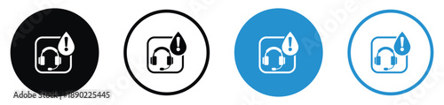 Customer service and technical support icons featuring a headset and an alert symbol. Set of four circular designs in black and blue styles. Ideal for help centers and online assistance tools.
