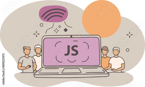 Team of developers collaborating on a javascript project with modern cloud integration