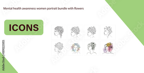 Mental health awareness women portrait bundle with flowers line art illustration icon set vector