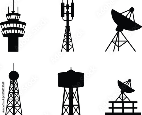 Communication tower and antenna silhouettes set featuring radar satellite and control towers for wireless telecom infrastructure technology icons vector