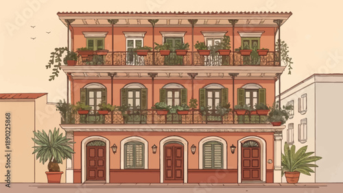 Charming hand-drawn vector illustration of a classic building with a balcony, perfect for vintage architectural and decorative design needs