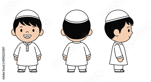 Simple Cartoon Boy in White Islamic Attire (3 Views): A clean illustration of a young boy wearing a white Kufi and traditional tunic depicted from front back and profile for, Generative AI.