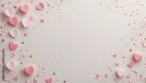 scattered pink paper hearts and gold glitter frame on bright background