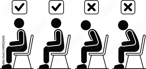 Correct and incorrect sitting posture illustration showing ergonomic office chair positions for spine health workplace safety education vector