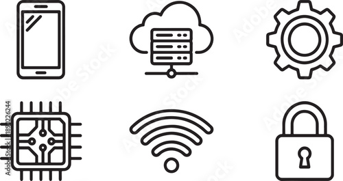 A comprehensive set of outline icons representing modern technology, cloud computing, and digital security Vector