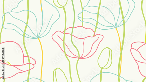 Vibrant floral pattern with colorful poppy flowers and leaves