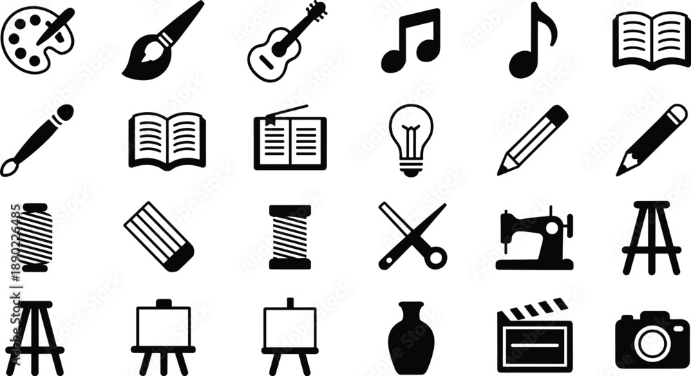 Obraz premium Creative arts education icon set featuring music painting sewing photography writing tools isolated on white background vector illustration