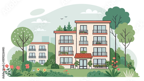 Flat vector illustration of a garden-style apartment building, offering a clean and modern look for urban residential and lifestyle designs
