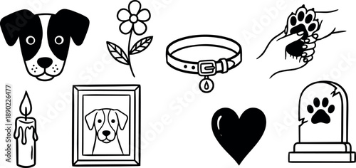 Minimalist black and white line art dog head flower collar heart candle framed portrait paw print grave icons