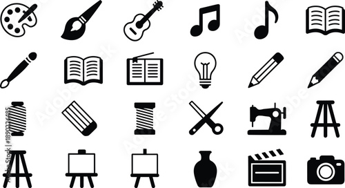 Creative arts education icon set featuring music painting sewing photography writing tools isolated on white background vector illustration