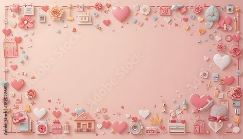 cute icons and hearts frame on pastel pink background for web banner