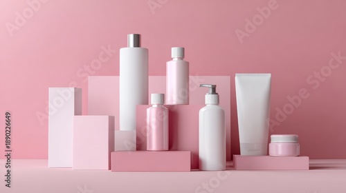 Pink cosmetic containers arranged for clean beauty branding and modern skincare product presentation display