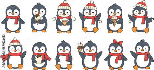 Collection of cute cartoon penguin characters wearing winter hats and scarves eating ice cream for seasonal designs vector