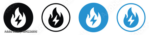 Set of energy and power icons featuring a flame with a lightning bolt symbol. Includes solid and outline versions in black and blue. Ideal for representing fast charging, hot deals, or high energy.