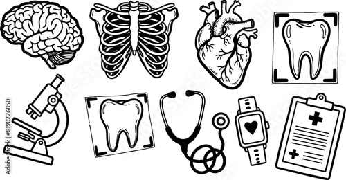 Black and white medical icons set with brain heart ribcage microscope tooth watch clipboard stethoscope details