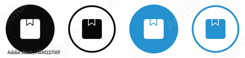 Minimalist bookmark and archive icons featuring a square folder with a ribbon tab. Set of four circular variations in black and blue for saving content, organizing files, and web navigation.