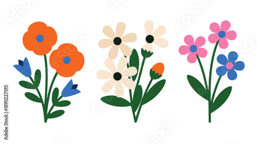 A digital illustration of three stylized flower arrangements on a white background (4)_traced