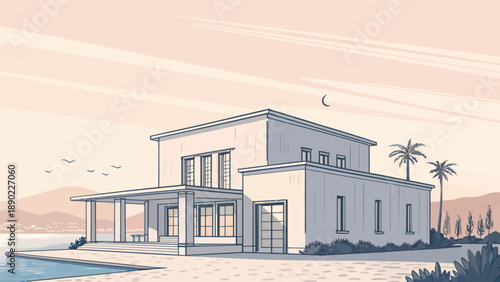 Minimal, artistic building drawing in calm, pale colors, representing modern simplicity and serene architectural concepts.