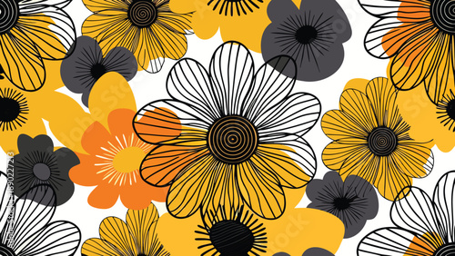 Stylized sunflower blossoms create a vibrant repeating pattern featuring bold yellow and orange petals set against a clean white backdrop