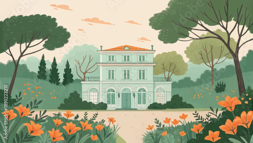 A charming building illustration inspired by nature, featuring soft pastel greens and a harmonious blend of organic and architectural styles.
