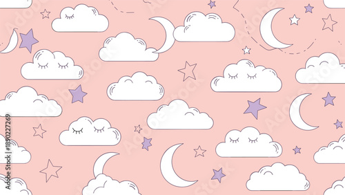 Whimsical nighttime pattern with sleepy clouds, crescent moons, and stars in purple and white on a soft pink background for kids.