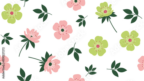 Charming floral pattern with delicate pink and green flowers and dark foliage on a bright white background for spring decor.
