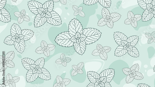 Refreshing mint leaf pattern on a light turquoise background with abstract organic blobs for a cool and natural aesthetic.
