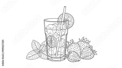 Detailed line art illustration of a tall glass of lemonade with ice cubes, lemon slices, strawberries, and fresh mint leaves.