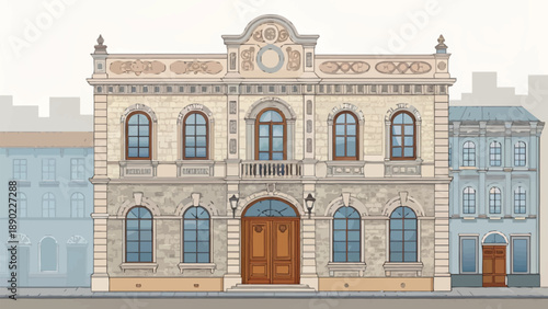 Old-town building facade illustration with clean outlines and muted colors, capturing historic charm and timeless architectural character.