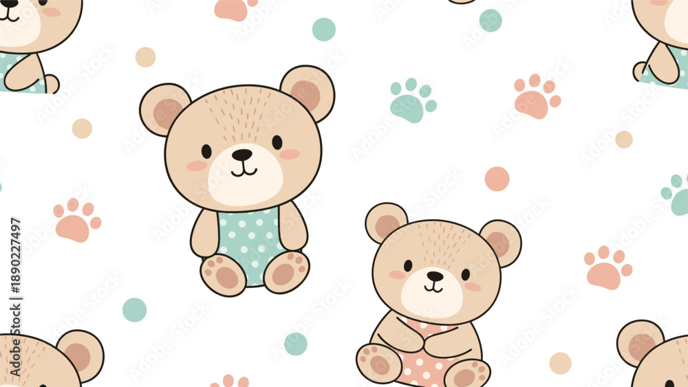 Fototapeta premium Adorable seamless pattern featuring cute cartoon teddy bears wearing polka dot outfits with colorful paw prints and dots on a white background.