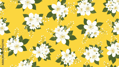Vibrant seamless pattern showcasing clusters of delicate white jasmine flowers and dark green leaves scattered over a sunny yellow background.