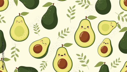 Playful seamless pattern featuring cute cartoon avocados with happy faces and whole green avocados mixed with small leaves on a light backdrop.