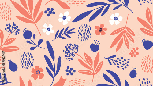 Artistic seamless pattern blending abstract leaf shapes and flower silhouettes in a stylish color palette of navy blue and coral on a peach base.