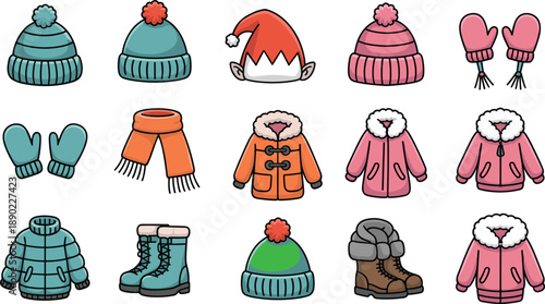 Cute winter clothing icons set with jackets hats scarves mittens and boots for kids seasonal fashion illustration design