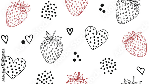 Charming hand drawn seamless pattern including detailed strawberries and dotted heart shapes scattered randomly on a clean white background.