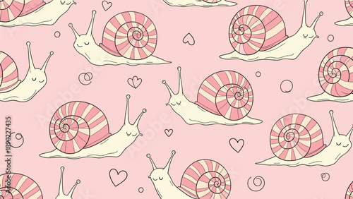 Sweet seamless pattern depicting cute illustrated snails with striped pink shells and tiny hearts floating around them on a soft pink background.