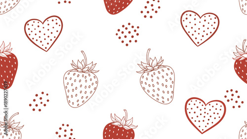 Delicately drawn seamless pattern featuring strawberry fruits and heart shapes in a monochromatic red ink style on a white background for decor.