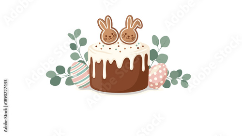 Traditional Easter cake decorated with white icing and two adorable bunny shaped cookies surrounded by eucalyptus branches and painted eggs.
