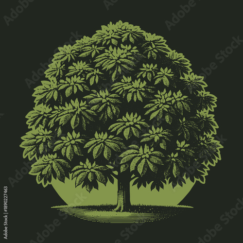 Detailed Tree Illustration with Lush Green Foliage and Artistic Flair.
