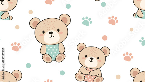 Adorable seamless pattern featuring cute cartoon teddy bears wearing polka dot outfits with colorful paw prints and dots on a white background.