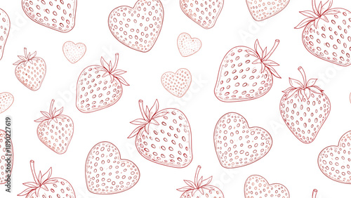 Charming seamless pattern featuring outline drawings of strawberries and heart shapes in a monochromatic brown ink style on a white background.