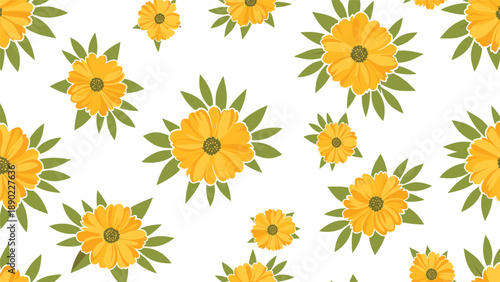 Vibrant yellow flowers and lush green leaves create a cheerful and colorful seamless pattern perfect for summer floral designs.