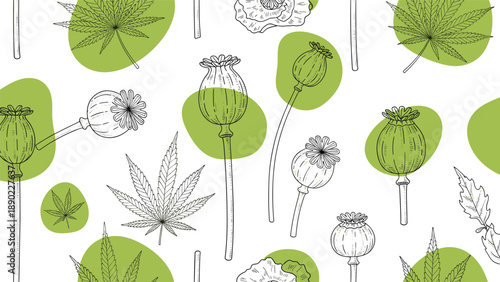 Botanical seamless pattern featuring line art of poppy seed pods and cannabis leaves with green organic shapes on a white background.