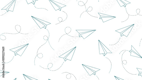 Simple blue paper airplanes flying with whimsical dashed trail lines form a playful and imaginative seamless pattern for kids.
