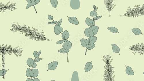 Sketched eucalyptus branches and rosemary sprigs create a fresh and aromatic botanical seamless pattern on a pale green background.