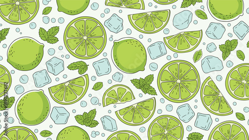Refreshing lime slices, fresh mint leaves, and cool ice cubes create a vibrant and citrusy seamless pattern for summer drinks.