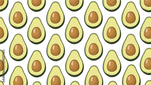 Vibrant green halved avocados with brown pits are arranged in a neat and healthy food seamless pattern for kitchen decor.