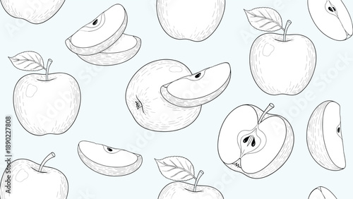 Fresh apple fruit seamless pattern showing whole apples and sliced sections in detailed black and white line drawings on a light blue background.