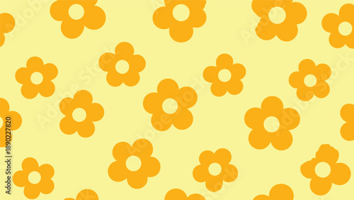 Retro style floral seamless pattern with simple orange and yellow flower shapes repeated on a bright yellow background for a vintage look.