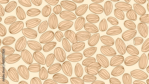 Detailed almond nut seamless pattern featuring whole almonds in outline drawings packed together on a warm beige background for food packaging.